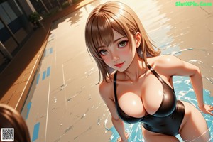 A woman in a black bikini sitting in a swimming pool.