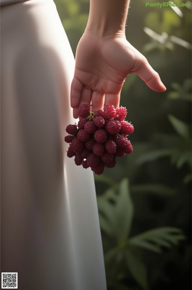 A person holding a bunch of raspberries in their hand.