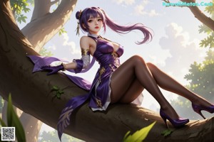 A woman in a purple outfit is posing for a picture.