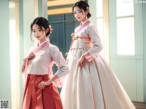 A woman in a pink and white hanbok is posing for a picture.