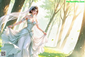 a woman in a wedding dress standing in the woods