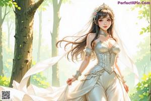 A woman in a wedding dress walking through a forest.