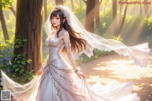 a woman in a wedding dress standing in the woods