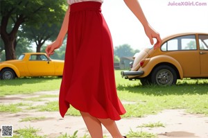 A woman in a red dress standing in front of a window.